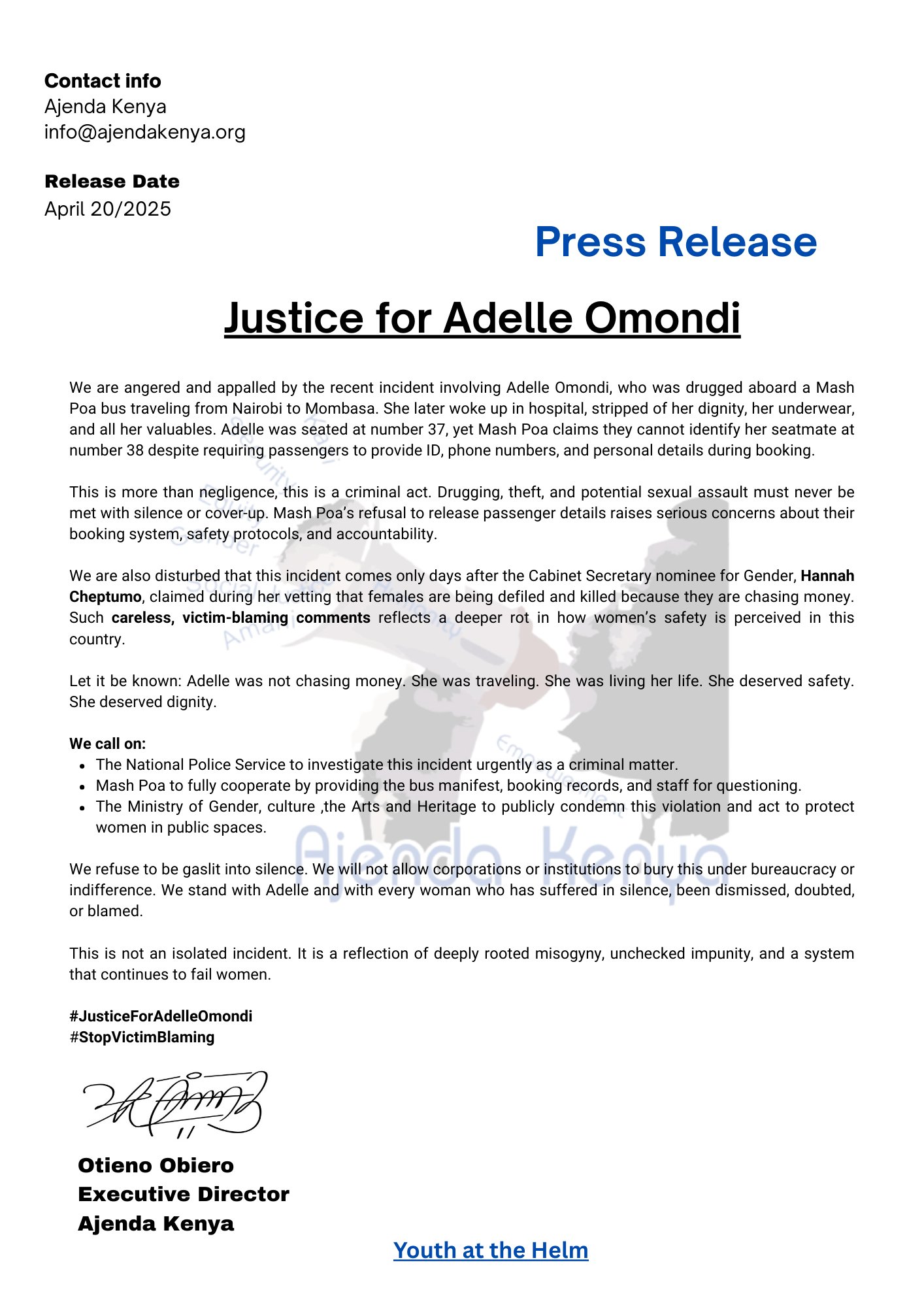 Ajenda Statement on Adelle Omondi Drugging Incident In Mash Poa Bus