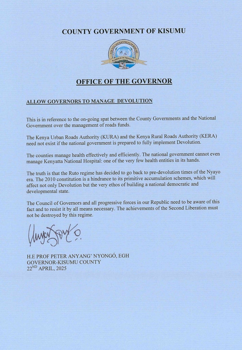 Governor Anyang Nyongo Statement: Ruto Regime Is Derailing Devolution