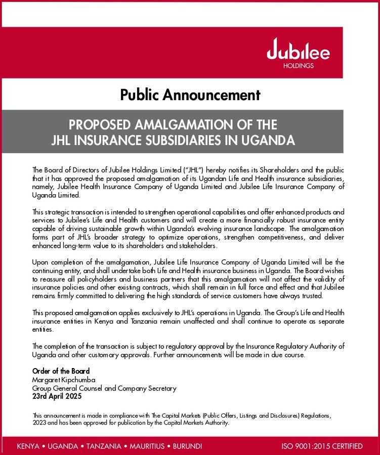 NSE Announcement On Proposed Amalgamation Of Jubilee Holdings Insurance Subsidiaries In Uganda