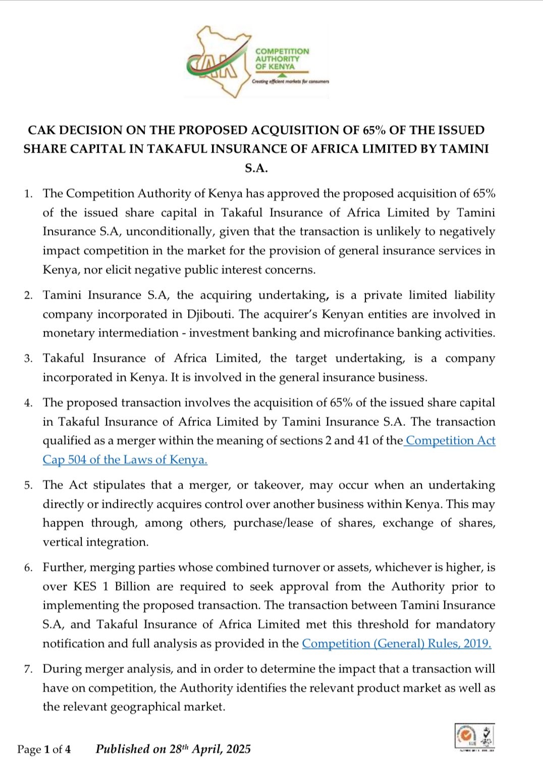 CAK Statement on Approved Acquisition of 65% Shares in Takaful Insurance of Africa by Tamini Insurance S.A