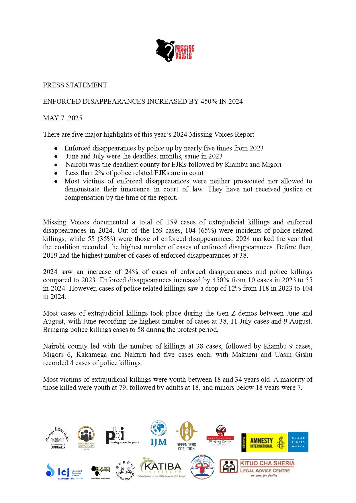 Missing Voices Statement on Enforced Disappearances Increase by 450% In Kenya