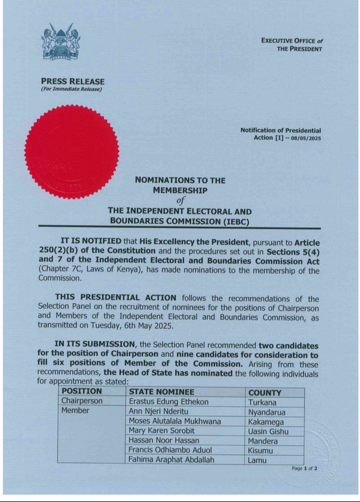 President Ruto Statement on Nominated IEBC Chairperson and Members Forwarded to Parliament for Appointment