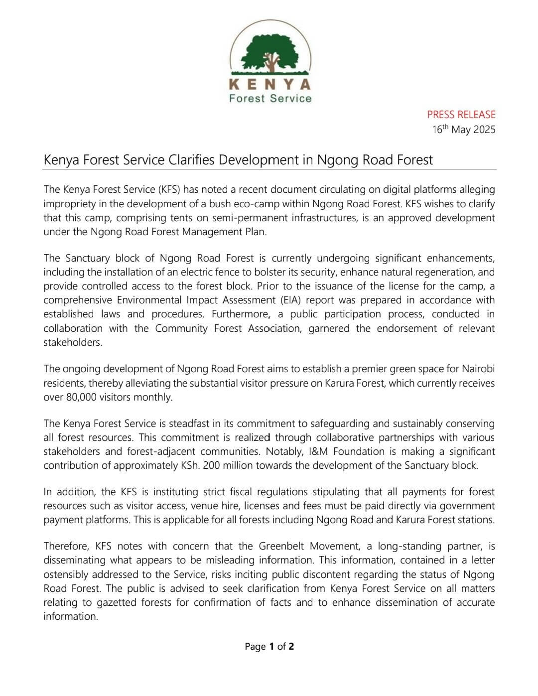 Kenya Forest Service Statement on Hotel Construction In Ngong Road Forest