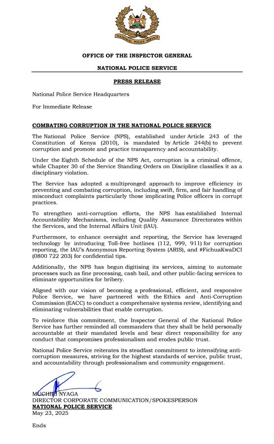 Kenya Police Service Statement on Steps Taken to Combat Police Corruption