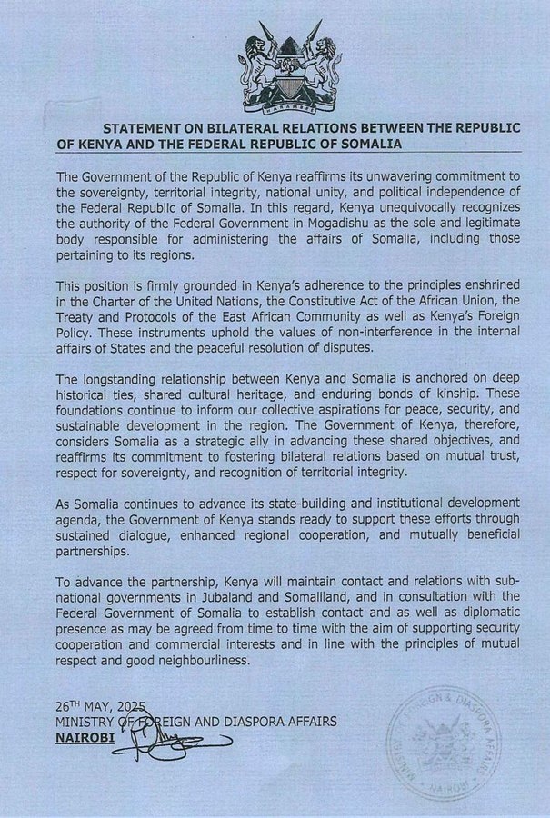 Foreign Affairs Statement on Bilateral Relations Between Kenya and Somalia