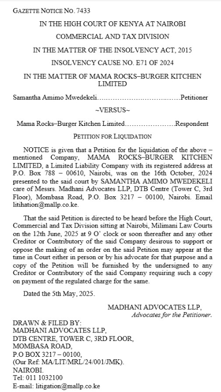 Mama Rocks-Burger Notice for Liquidation