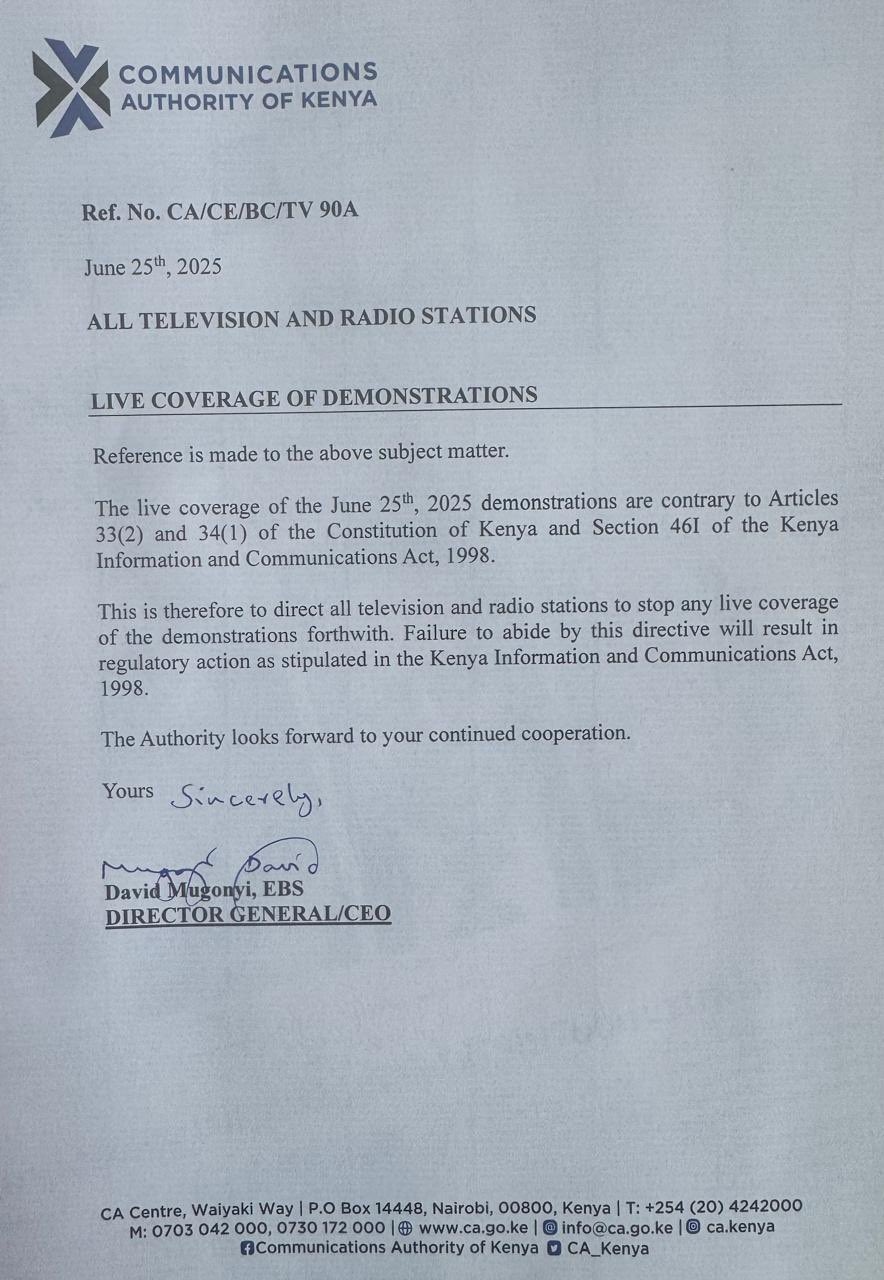 CAK Statement On Stopping Live Coverage Of Protests in Kenya