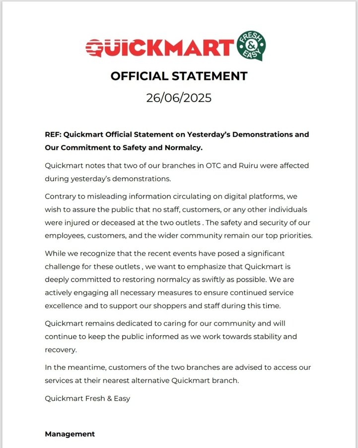 Quickmart Supermarket Statement on Looting of Property by Protesters