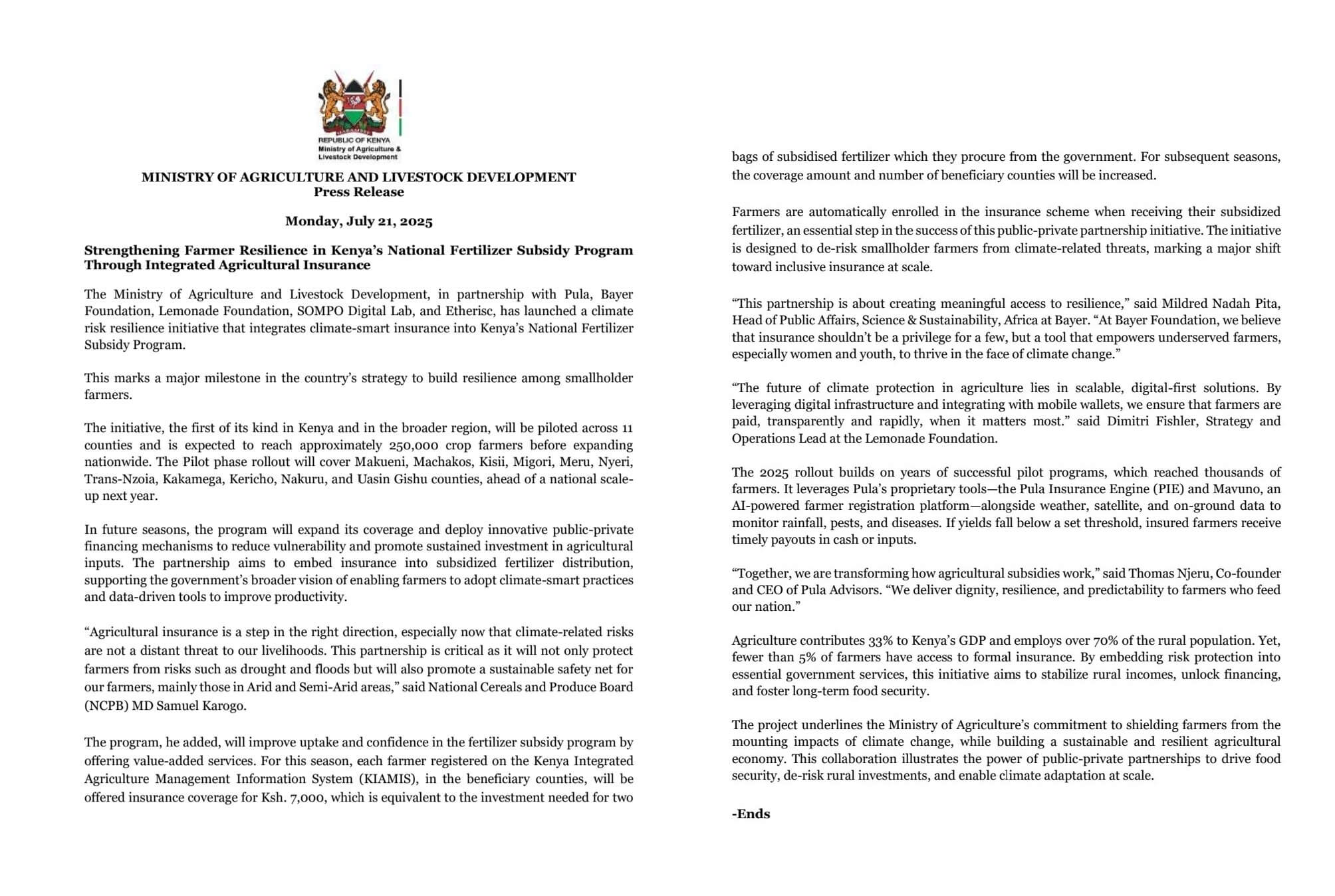 Govt Statement on Launch of Climate Risk Resilience Initiative for Fertilizer Subsidy Program