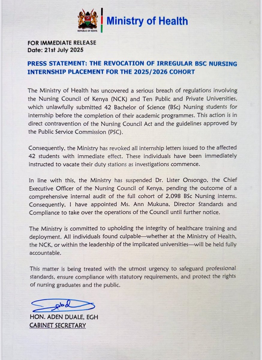 Govt Statement On Revoking Nursing Internship Placement For 42 Students