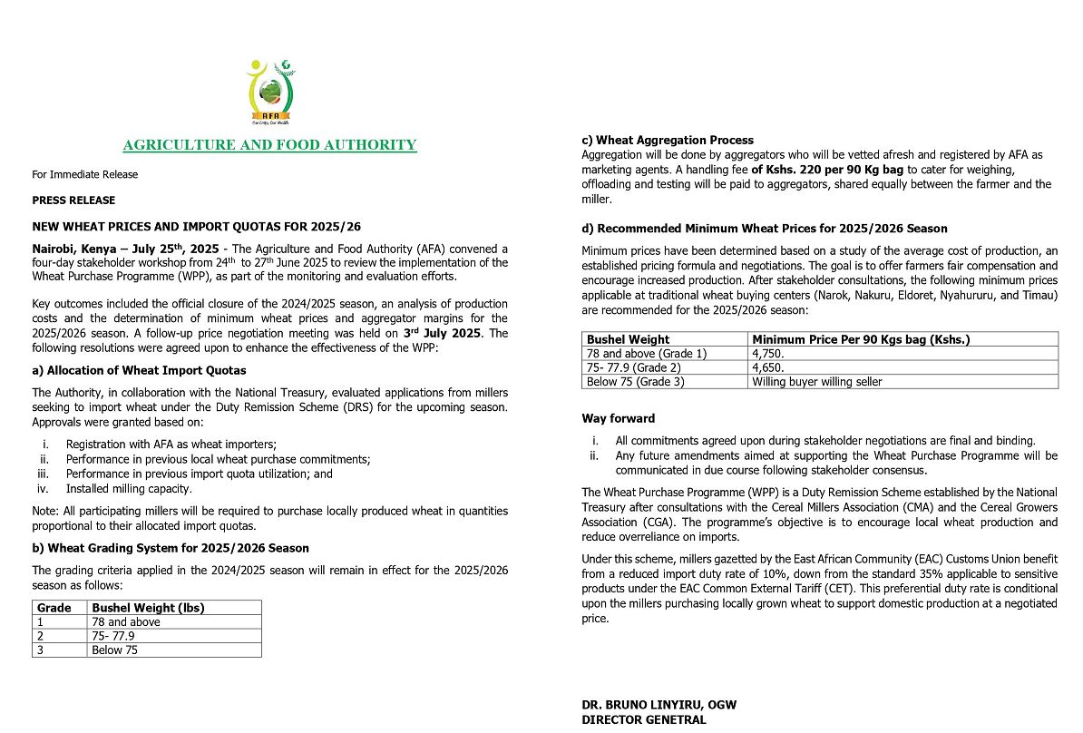 Government Statement on Wheat Prices and Import Quotas in Kenya for year 2025/2026