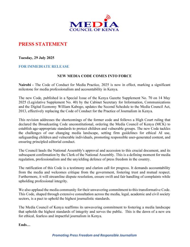 MCK Update on New Code of Conduct for Media Practice in Kenya