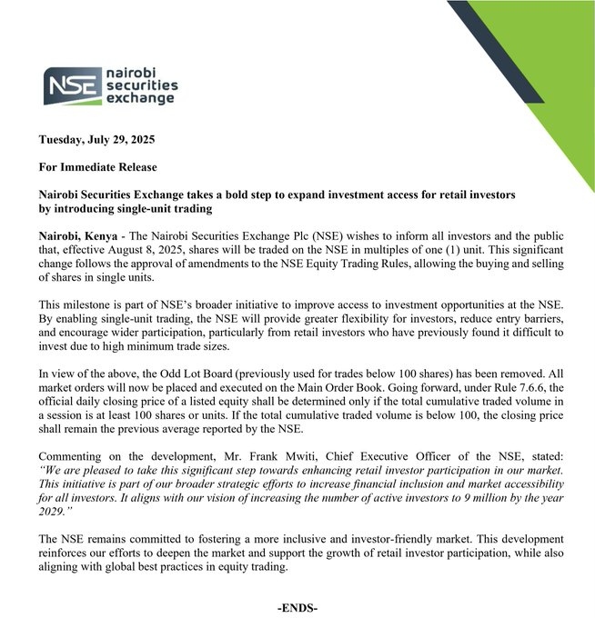NSE Statement on Introducing Single Unit Share Trading