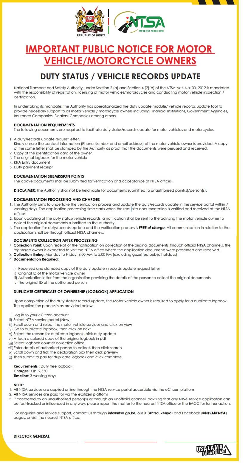 NTSA Notice on Duty Status and Vehicle Records Update