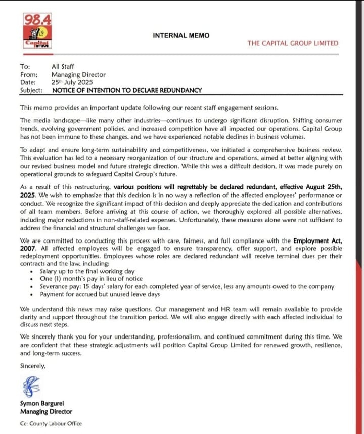 Capital Group Ltd Notice of Intention to Declare Redundancy