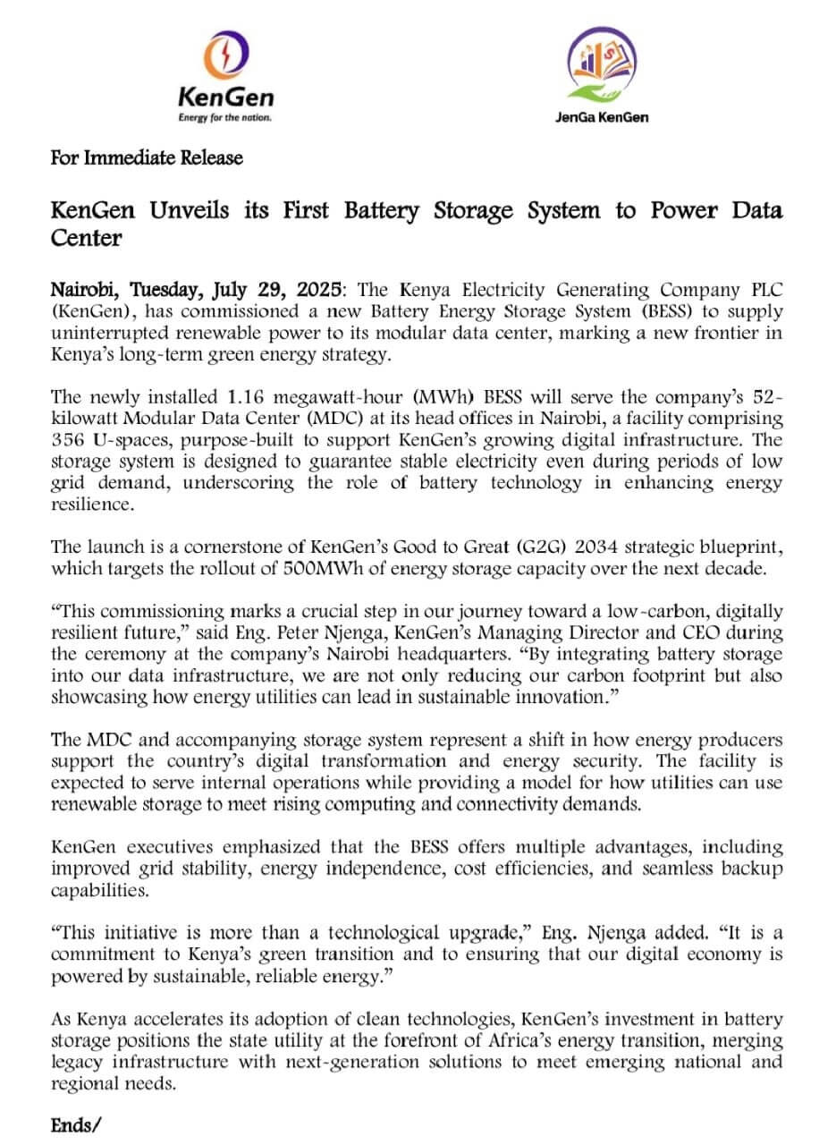 KenGen Statement on Unveiling Battery Storage System to Power Data Center