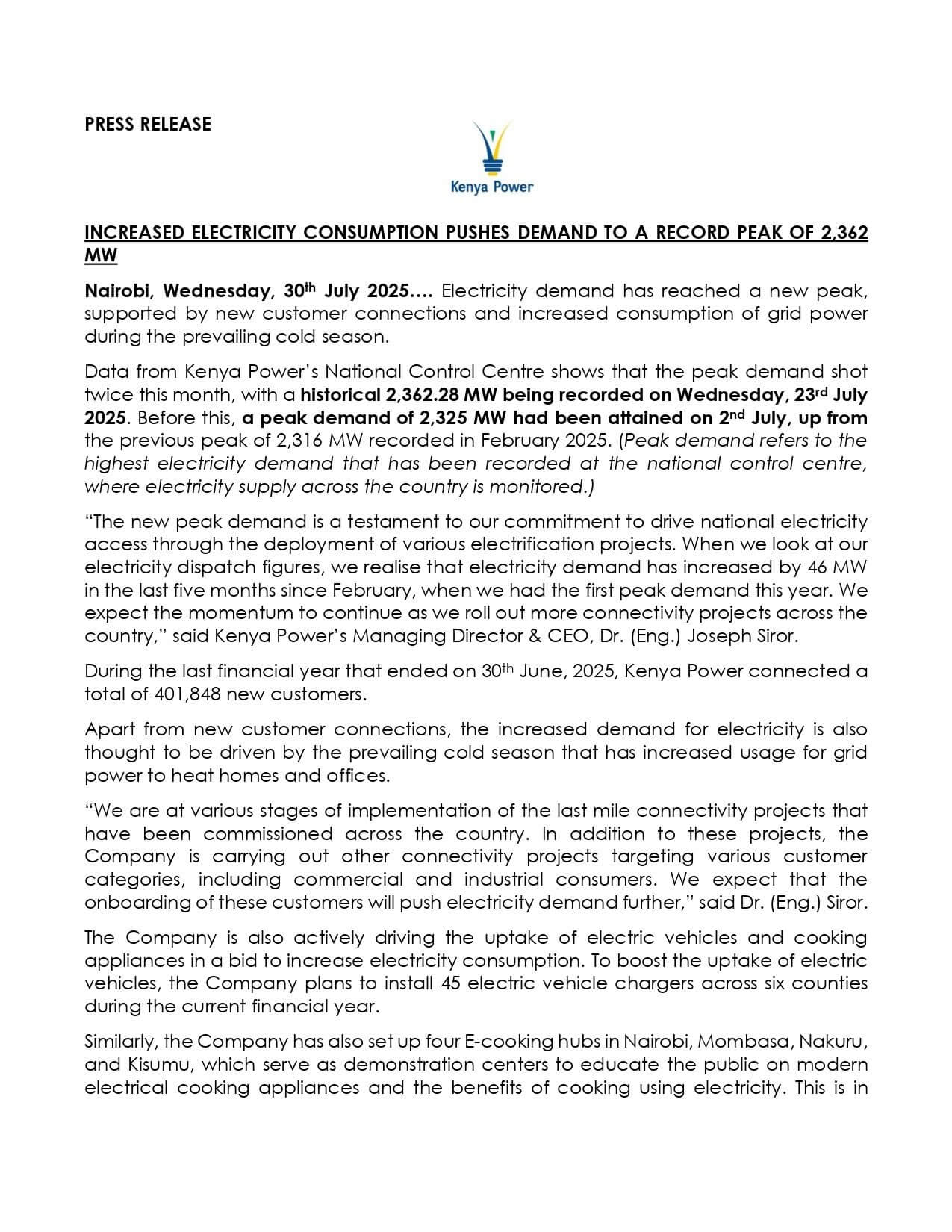 KPLC Statement on Increased Electricity Consumption of  2362 MW Daily (Peak) in Kenya