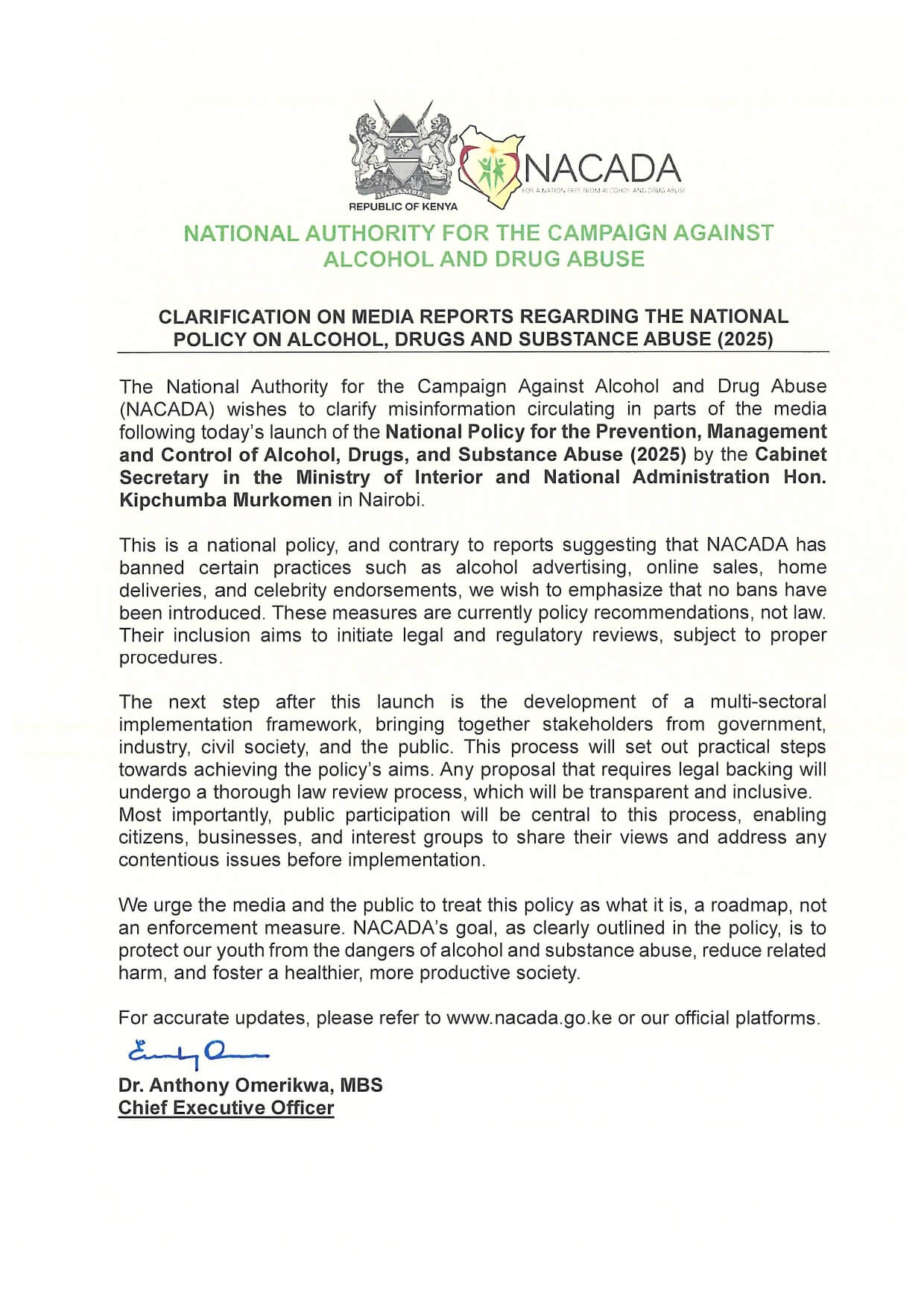 NACADA Statement on Banning Alcohol Advertising and Online Sales in Kenya