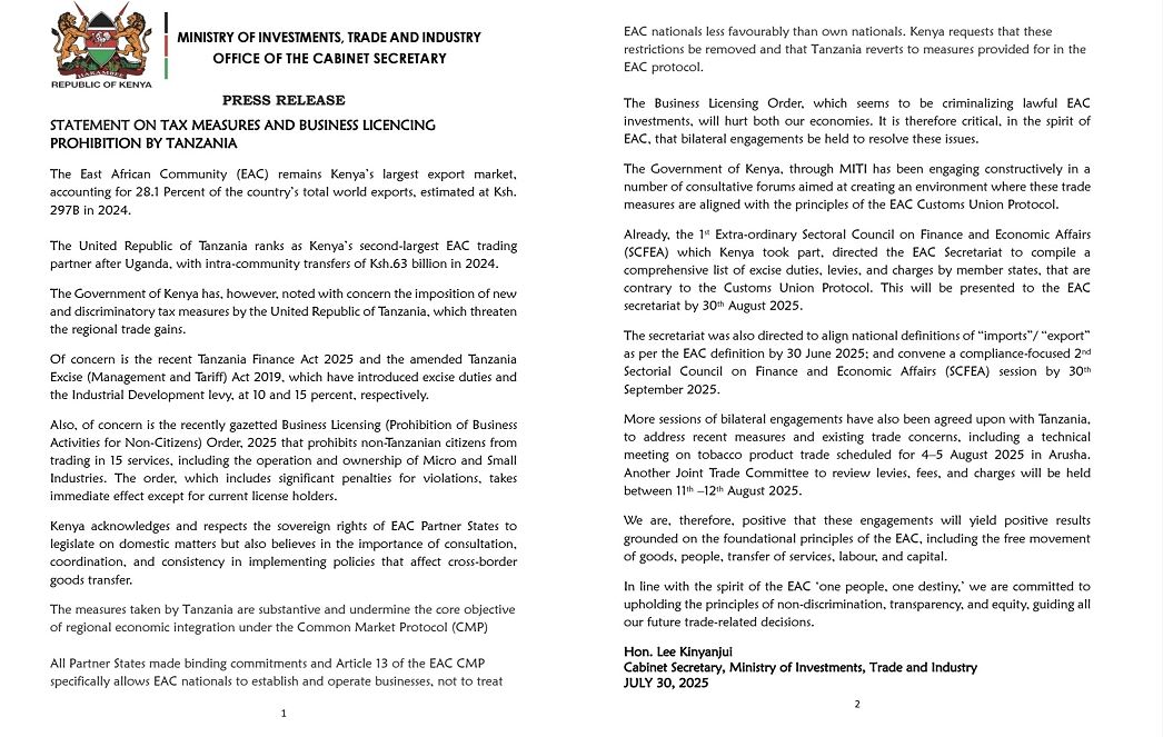 Kenya Govt Statement on Tanzania Ban of Small Business Licensing for foreigners