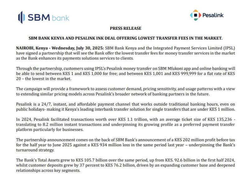 SBM Bank Statement on Lowering Interbank Transfer Fees to Ksh. 20 for upto 1M Transaction