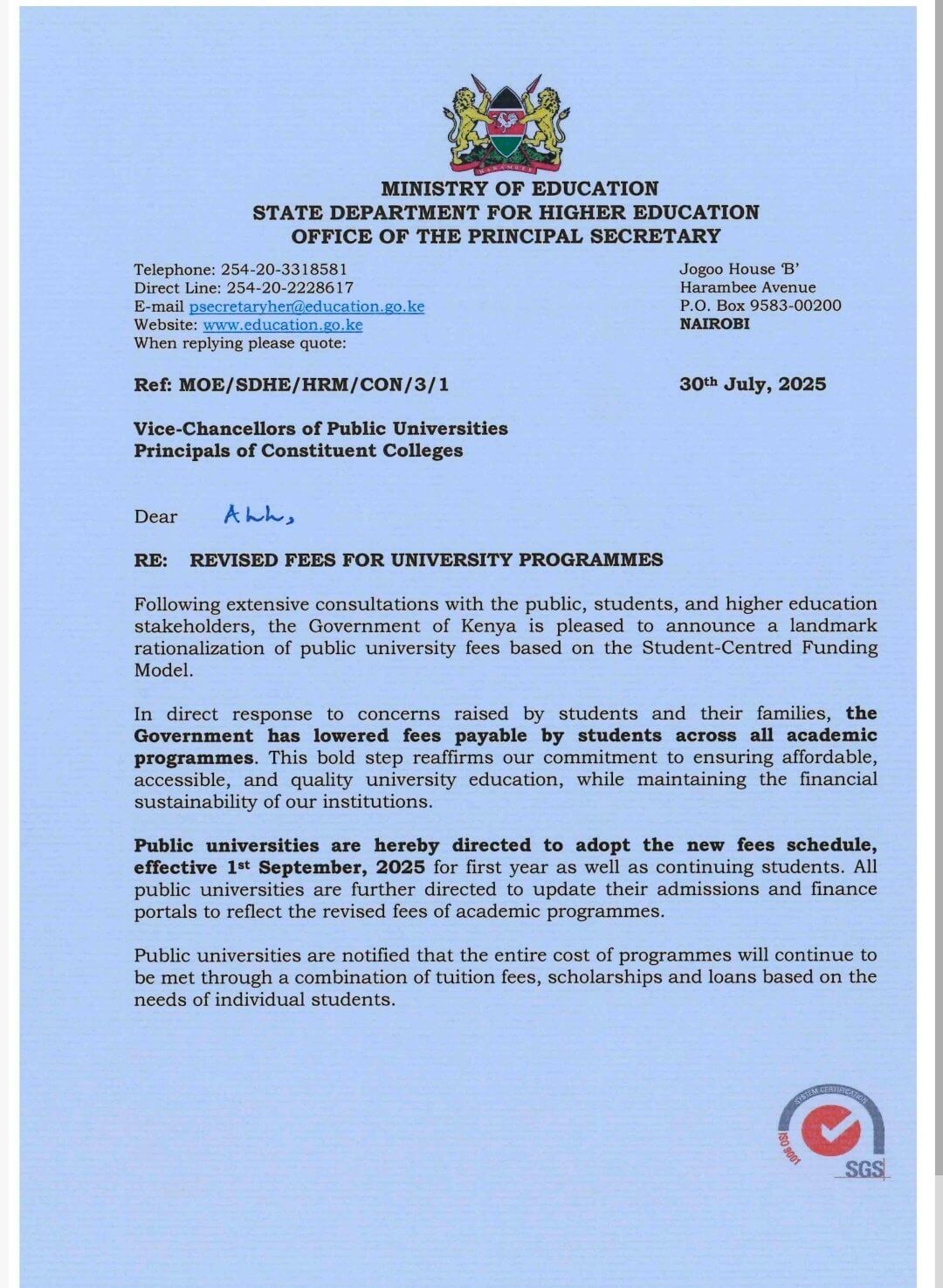 Govt Statement on Lowering Fee For University Academic Programmes