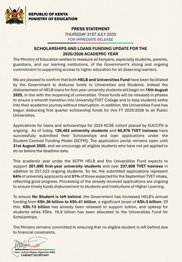Govt Statement on HELB and HEF Funds Disbursement for FY 2025/2026