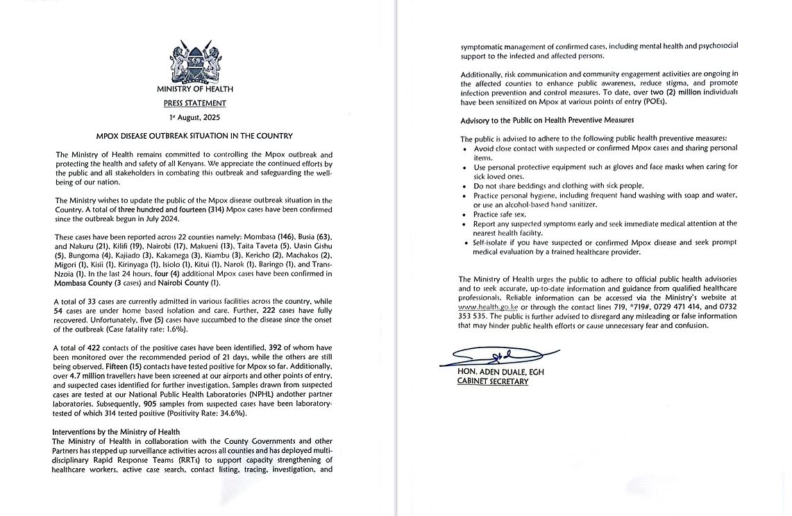 Ministry of Health statement on Mpox Outbreak in Kenya