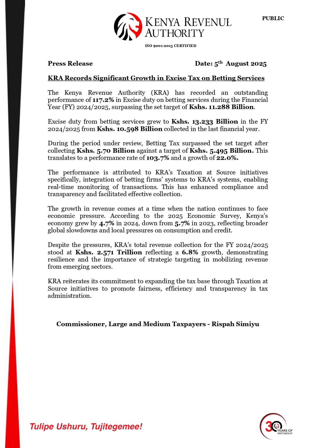 KRA statement on Ksh 13 Billion Tax Collected from Betting Services in FY 2024/2025