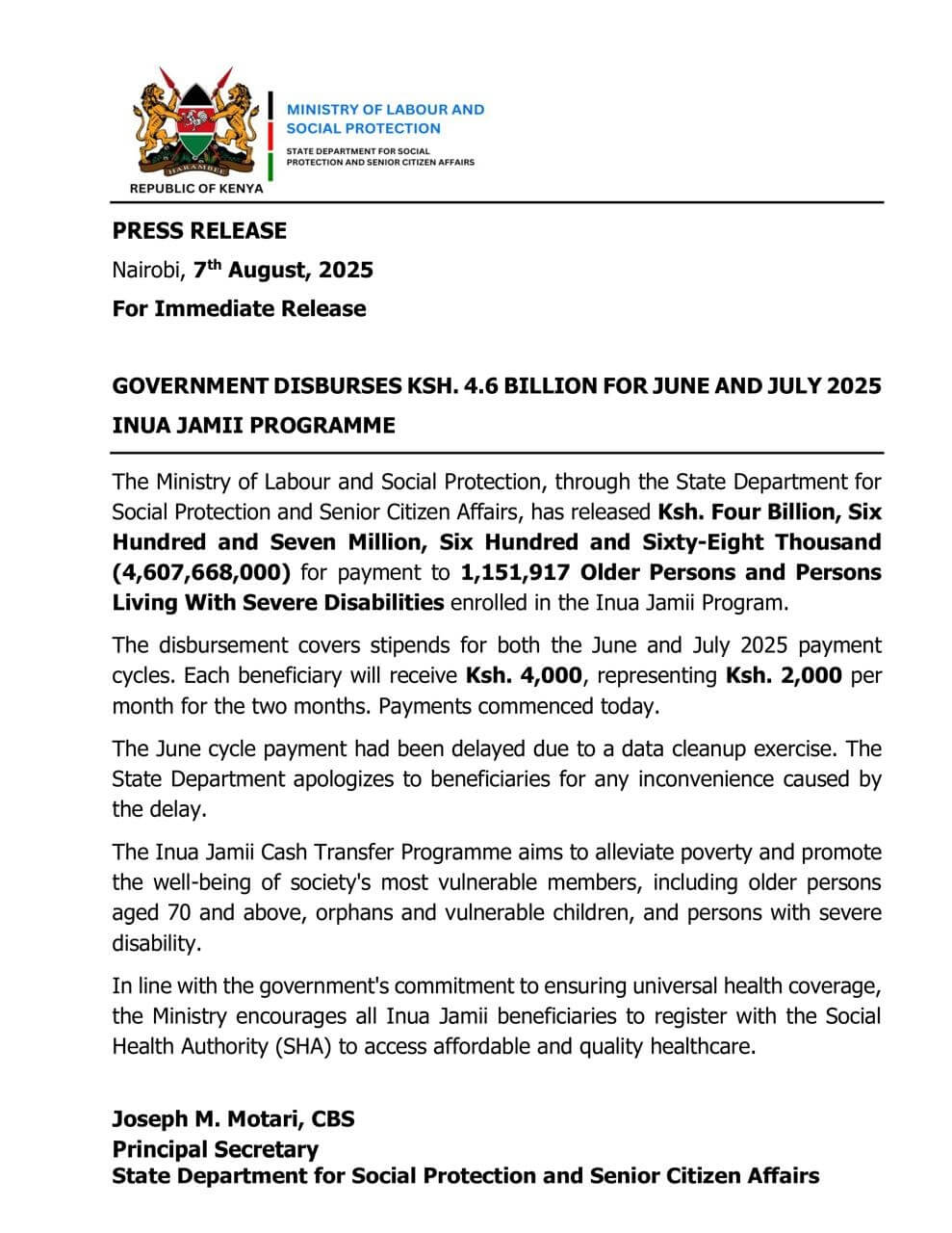 Govt Statement on Disbursing Ksh. 4.6 Billion for Inua Jamii Programme (June - July 2025)