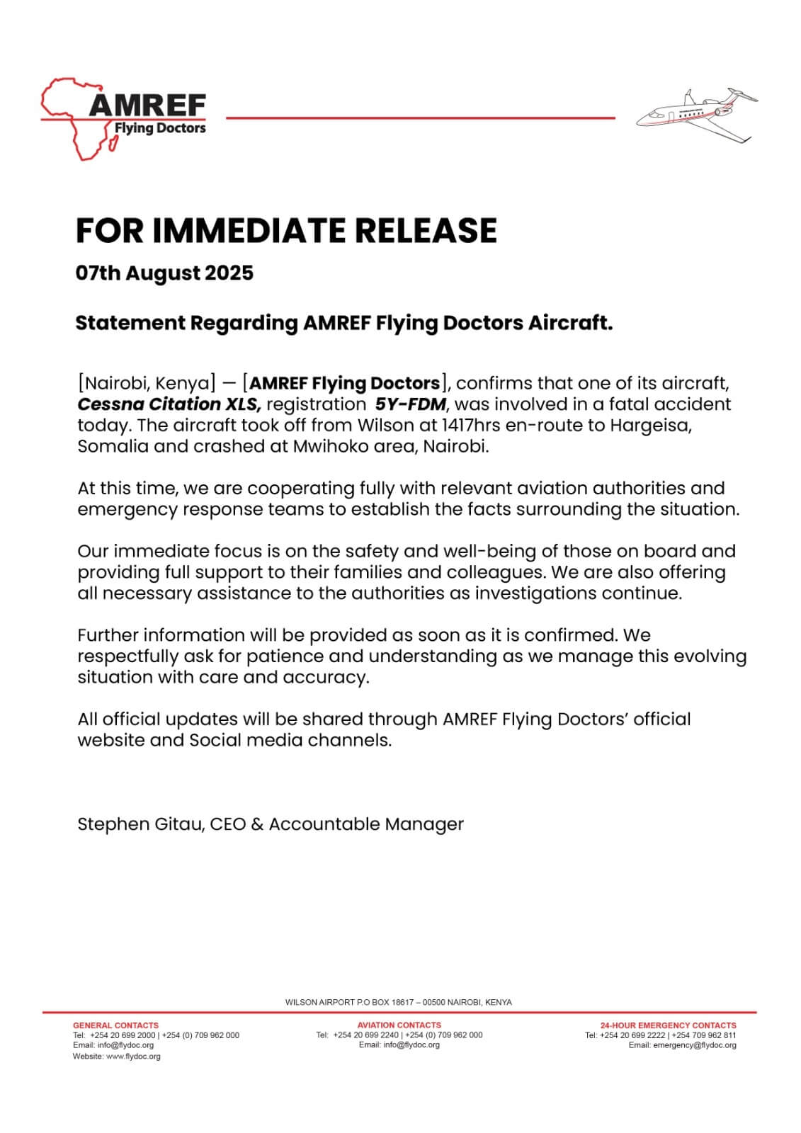 AMREF Flying Doctors Statement on Its Aircraft Accident in Nairobi, Kenya (Cessna Citation XLS)
