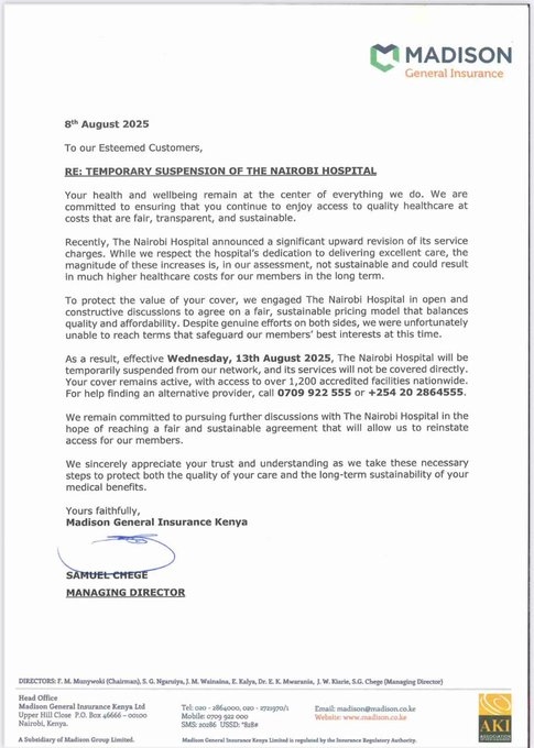Madison Insurance Statement on Suspension of Medical Cover for Nairobi Hospital