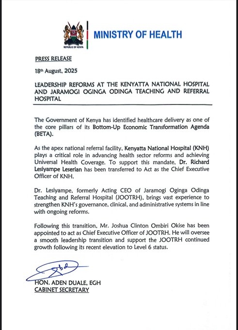 Govt Statement on Appointment of New KNH and JOOTRH CEO