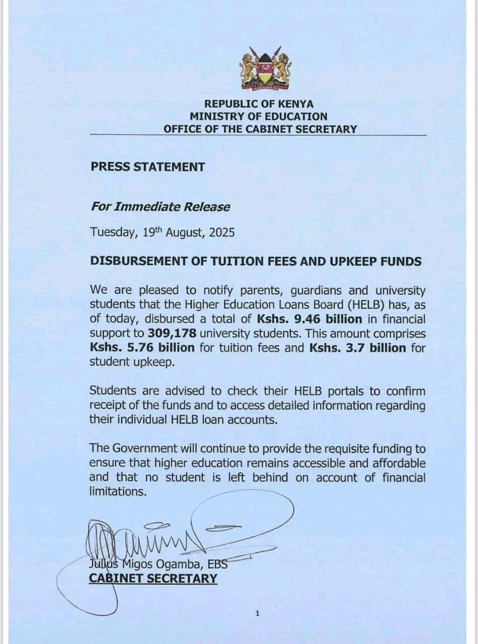 Govt Statement on Release of Tuition Fees and Upkeep Funds