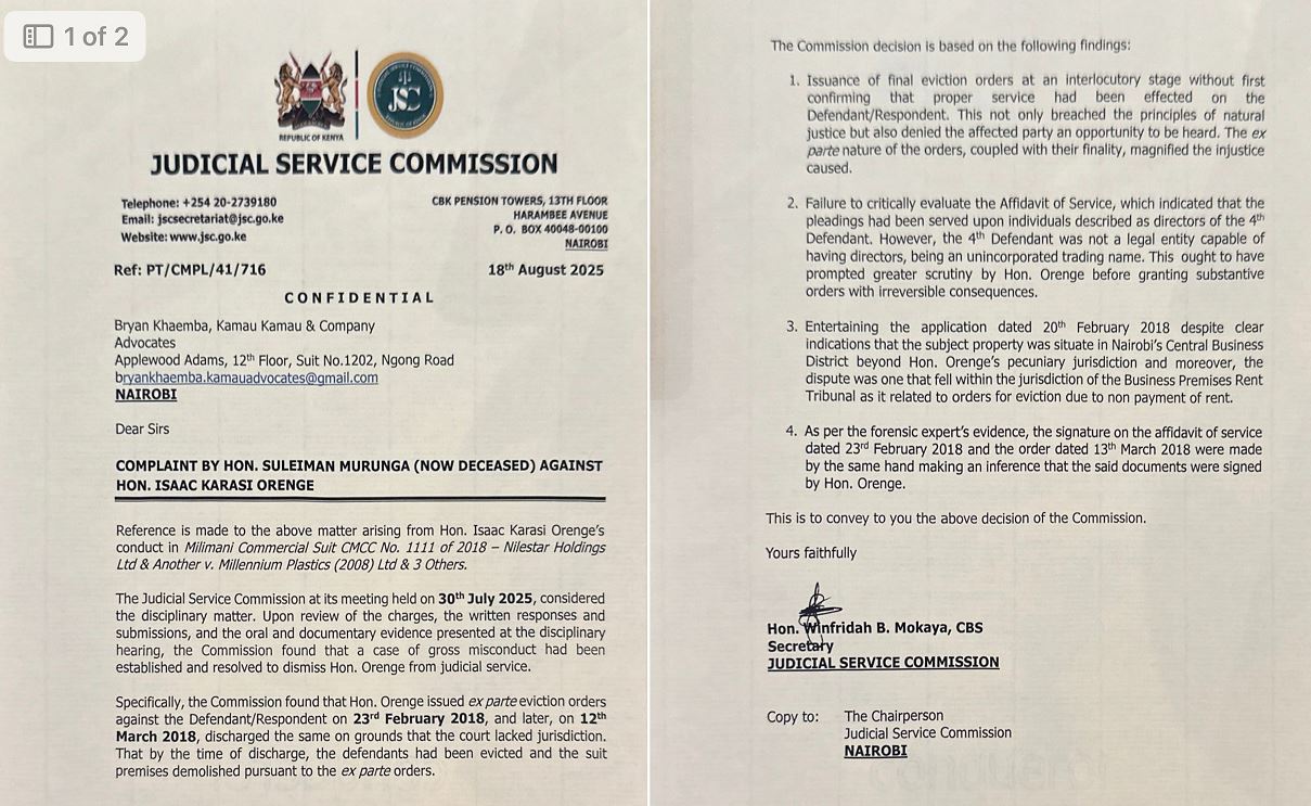 JSC Statement on Dismissal of Magistrate Isaac Karasi Orenge for Misconduct