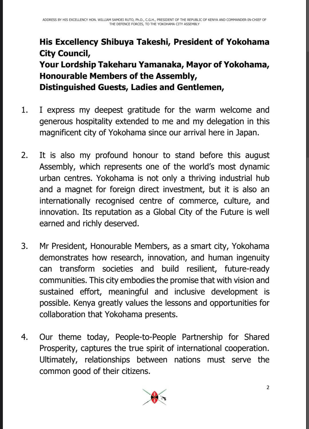 President William Ruto Address at Yokohoma City Assembly