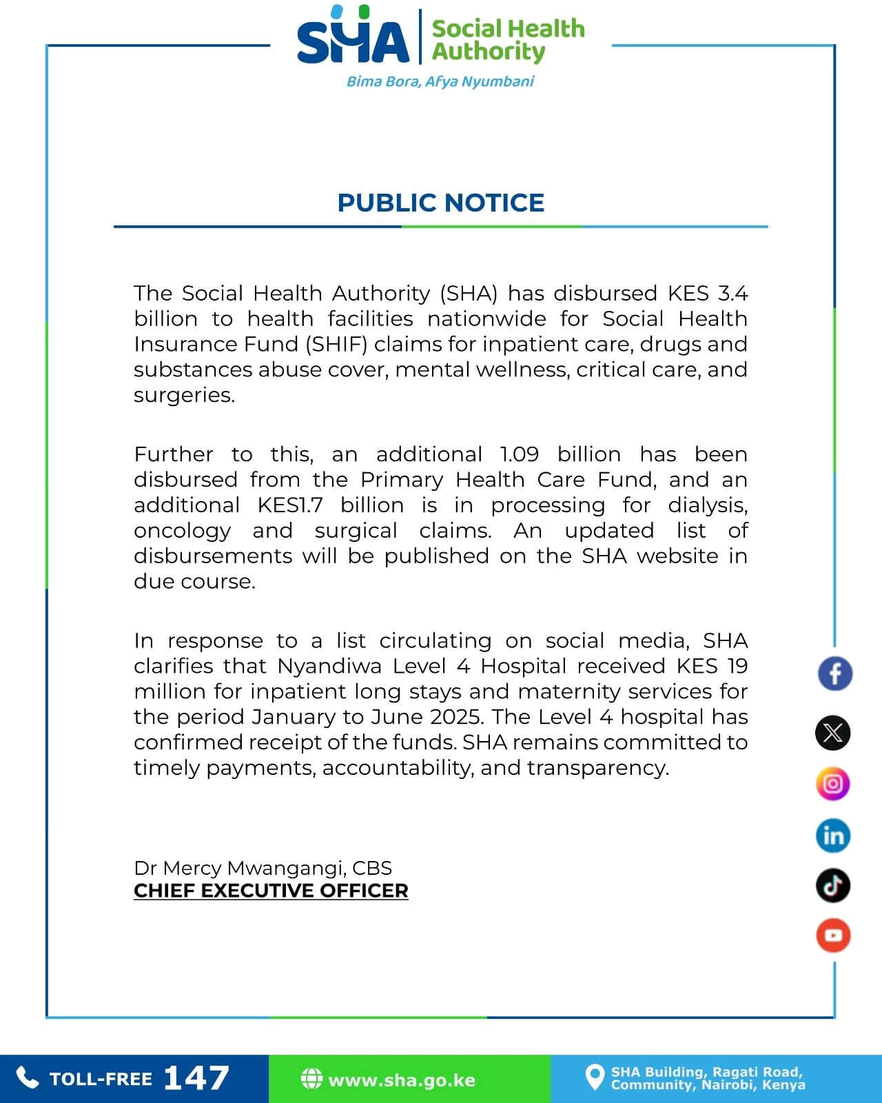 SHA statement on Disbursing KES 3.4 Billion to Health Facilities for SHIF Claims