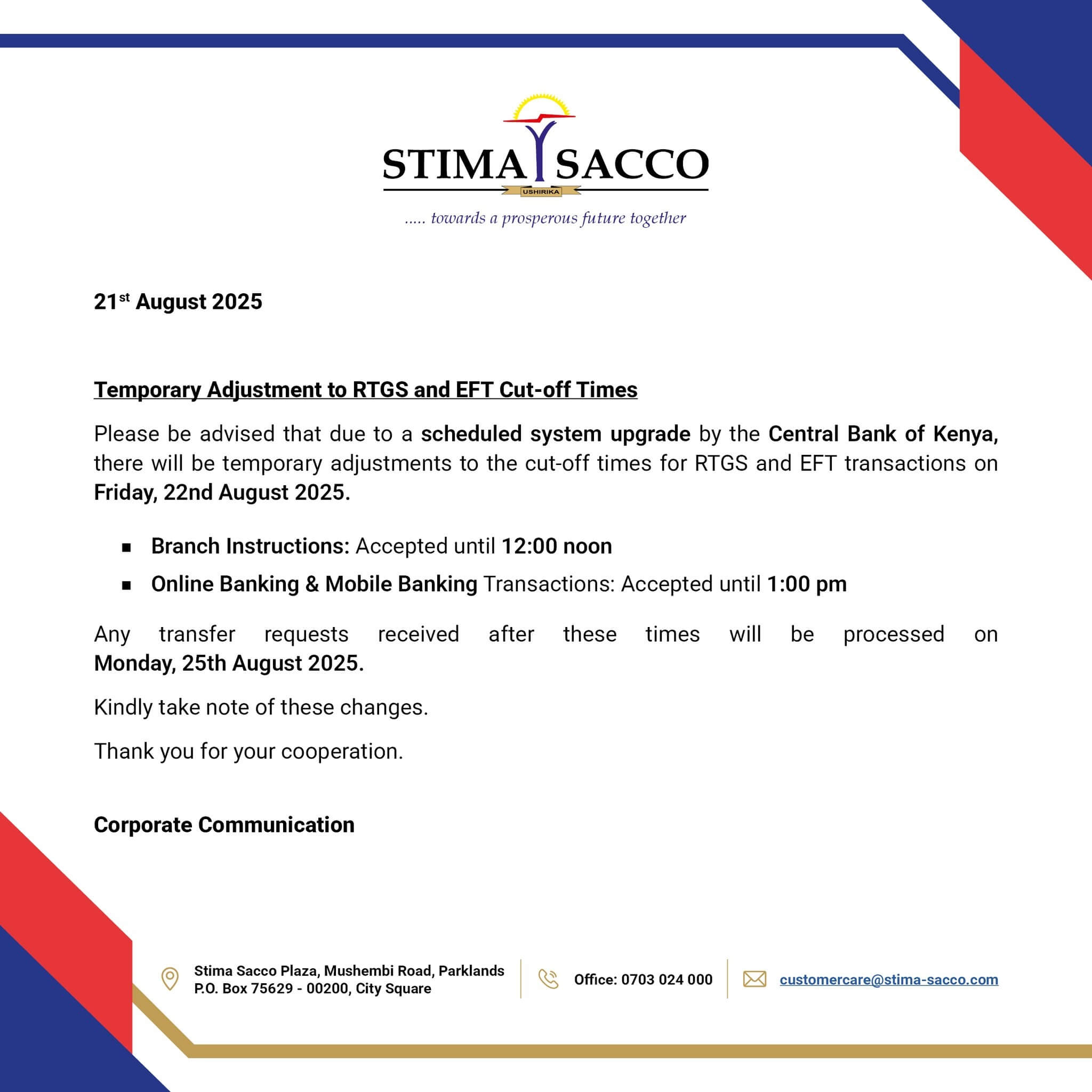 Stima Sacco Statement on CBK System Upgrade on August 22nd