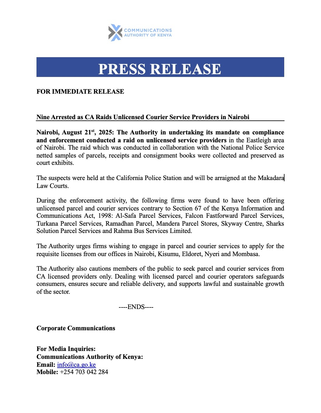 CA Statement on Arrest of Unlicensed Courier Services in Eastleigh, Nairobi