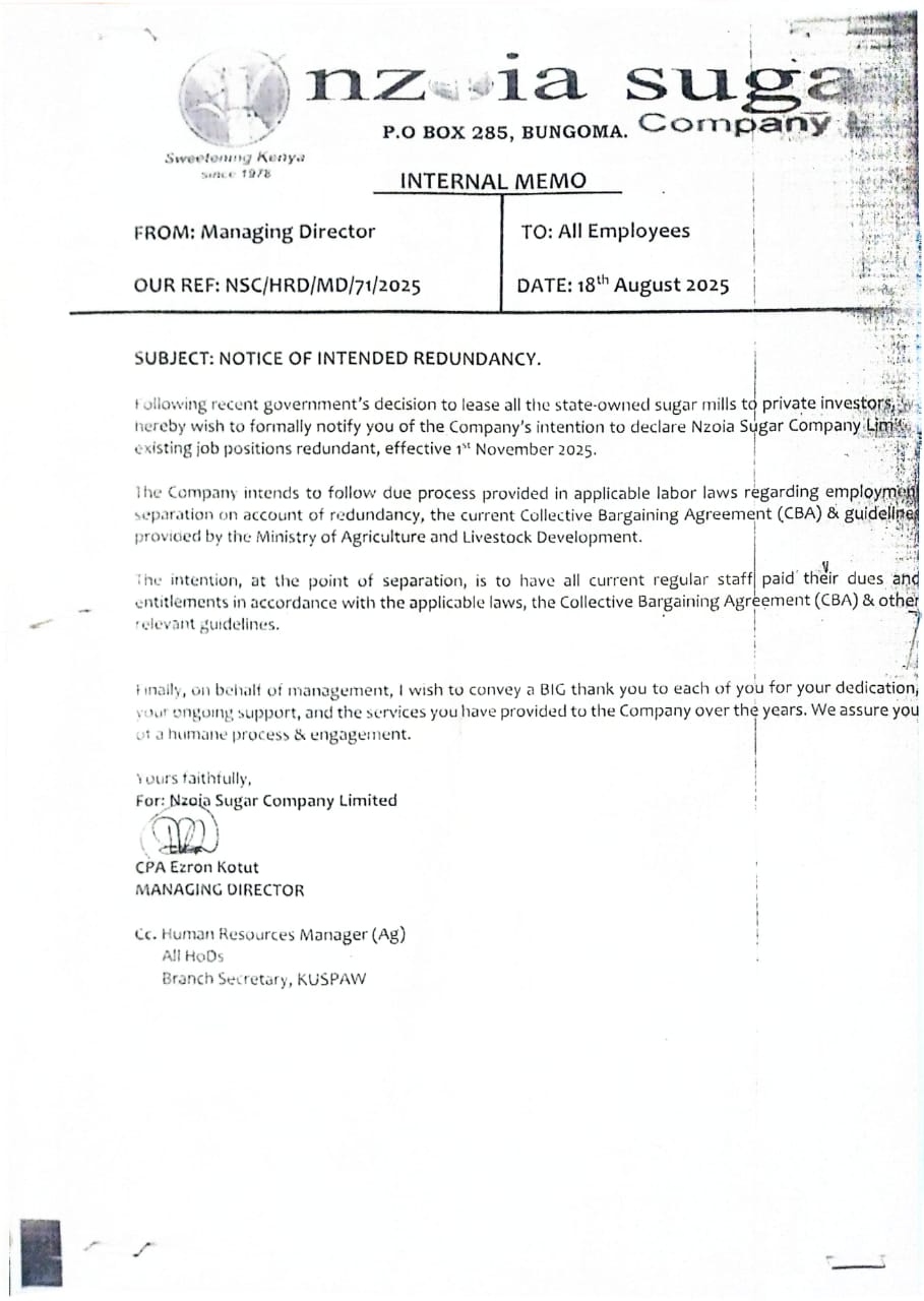 Nzoia Sugar Company Ltd Notice of Intended Redundancy