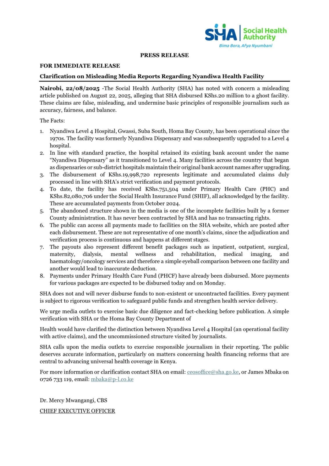 SHA Statement on Disbursing KES 20 Million to Nyandiwa Hospital