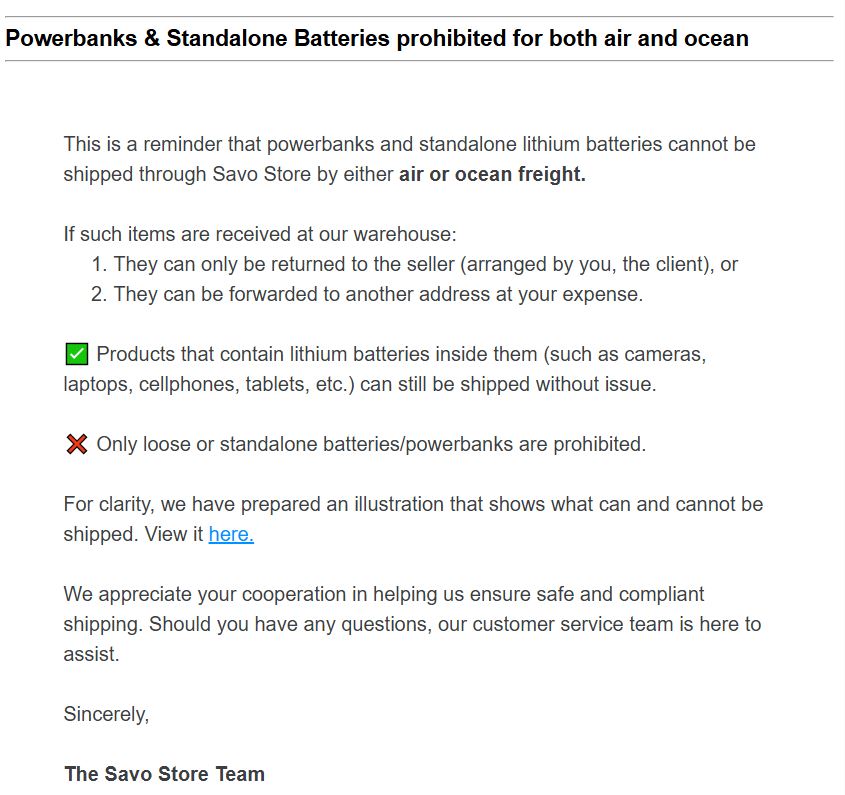 Savo Store Statement on Prohibited Importation of Powerbanks and Batteries via Air and Ocean