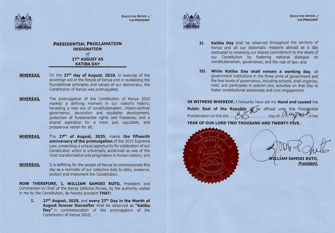Govt Statement on Declaration of 27th August as Katiba Day, National Holiday