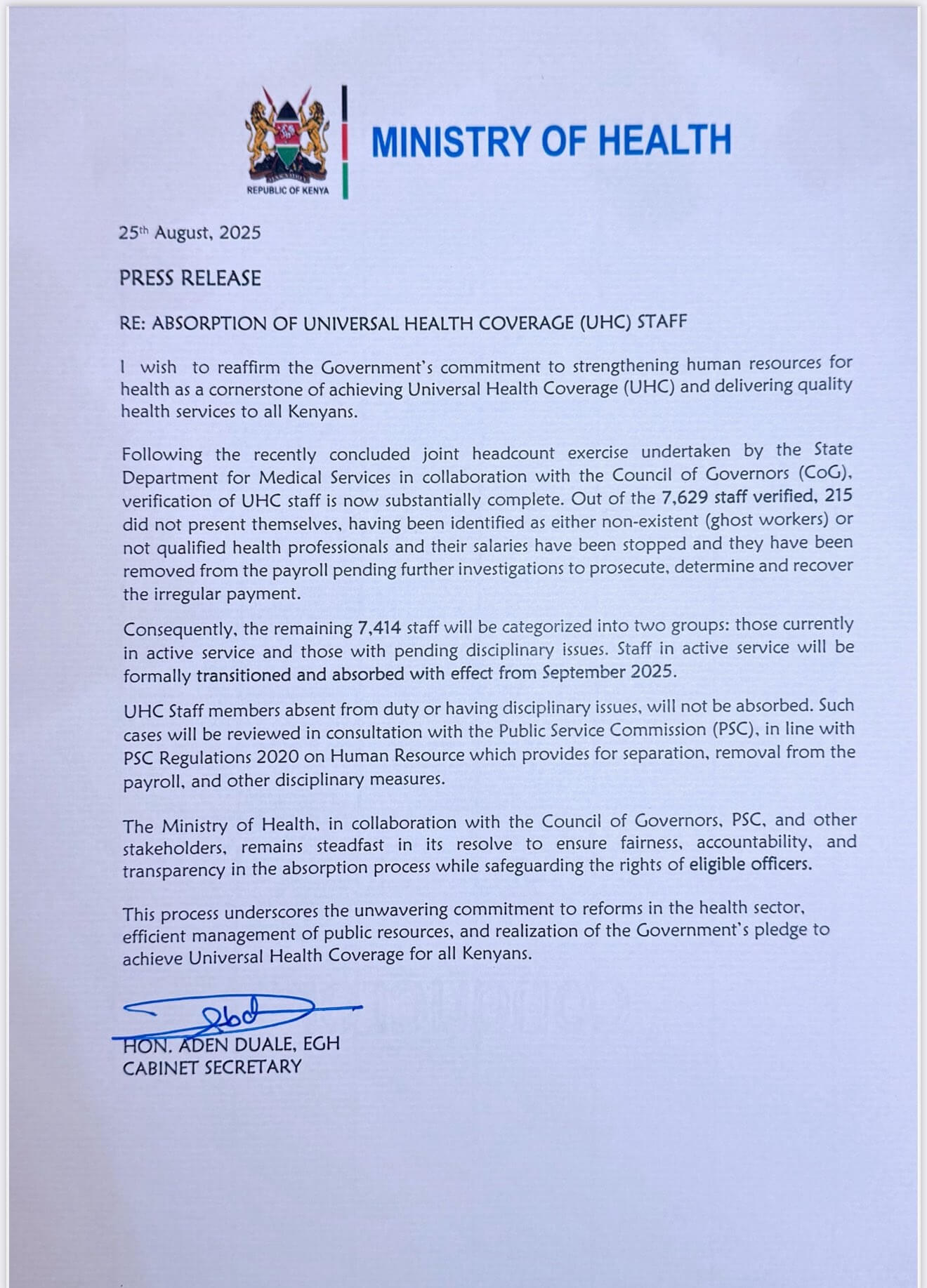 Govt Statement on Absorption of Universal Health Coverage (UHC) Staff.