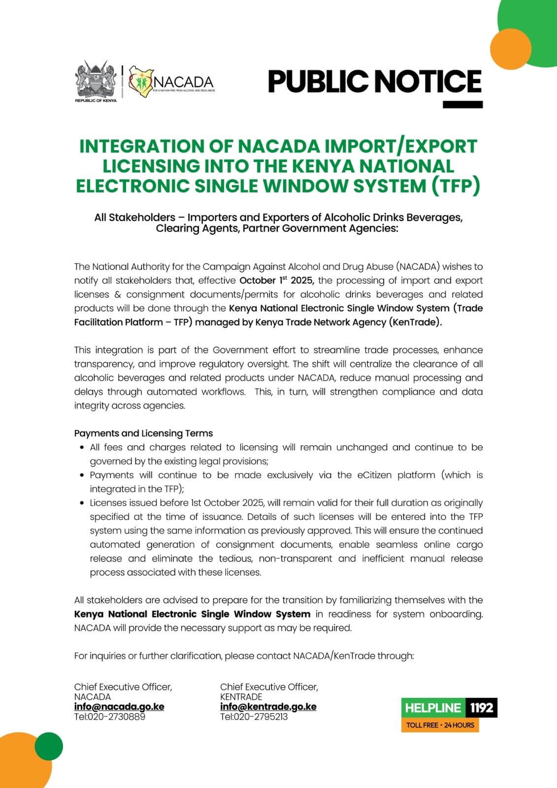 NACADA Statement on Doing Import and Export Licensing on TFP Portal