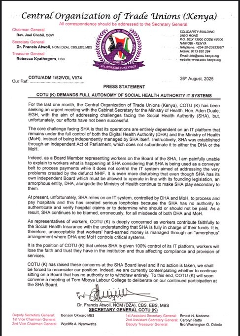 COTU Statement on Full Automation of Social Health Authority (SHA) to Prevent Corruption