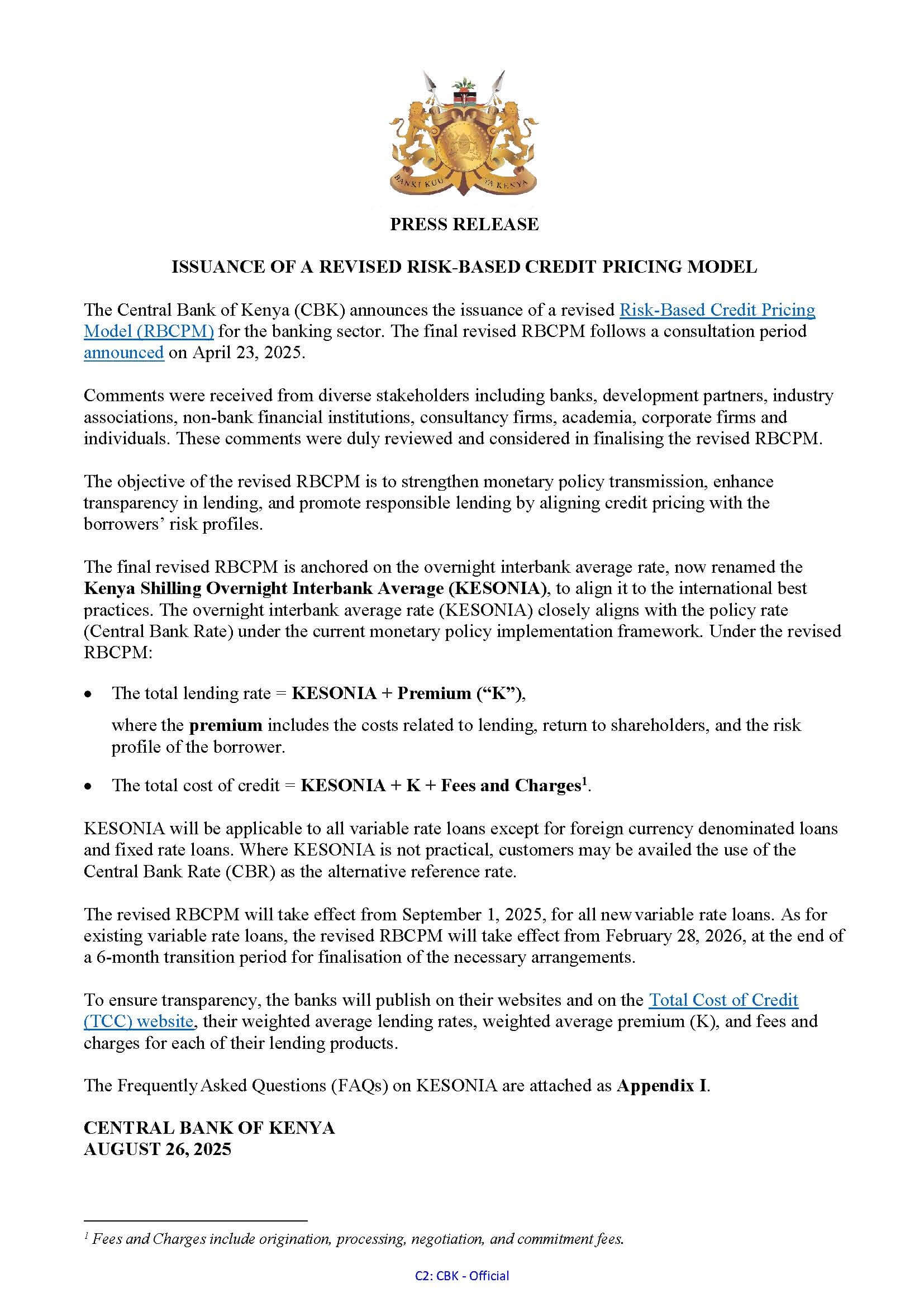 CBK statement on Issuance of a Revised Risk-Based Credit Pricing Model for Banks