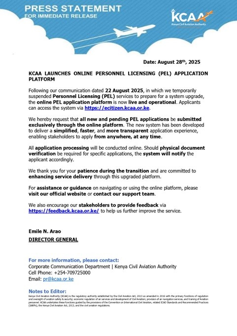 KCAA Statement on Accessing PEL Application via eCitizen Portal