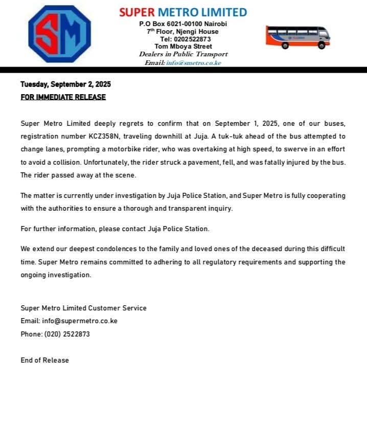 Super Metro Statement on Accident Involving Motorbike Rider