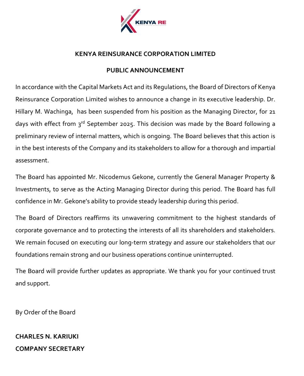 Kenya Re Statement on Suspension of Hillary Wachinga as MD and Appointment of Nicodemus Gekone