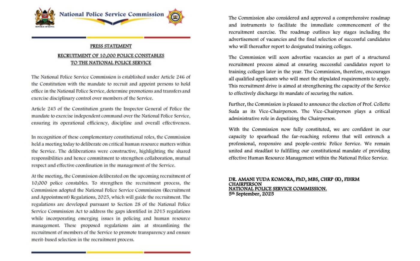 Govt Statement on Recruitment of 10,000 Police Constables to NPS